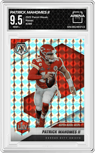 Patrick Mahomes II from the 2021 Panini Mosaic set featuring a Mosaic parallel graded by Arena Club and given an overall grade of 9.5.