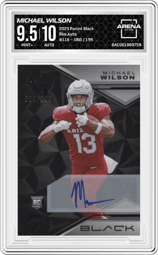 Michael Wilson from the 2023 Panini Black set graded by Arena Club and given an overall grade of 9.5.