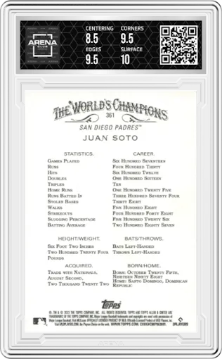 Juan Soto from the 2023 Topps Allen & Ginter set graded by Arena Club and given an overall grade of 9.
