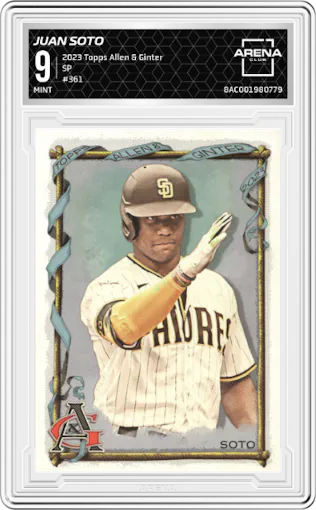 Juan Soto from the 2023 Topps Allen & Ginter set graded by Arena Club and given an overall grade of 9.