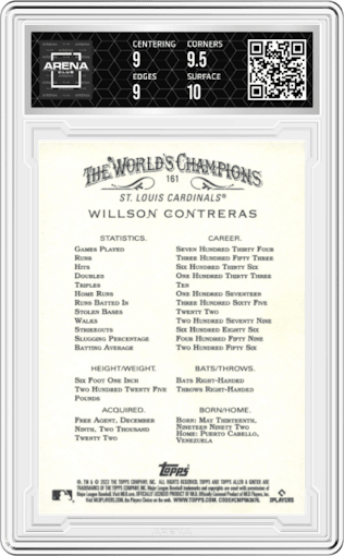 Willson Contreras from the 2023 Topps Allen & Ginter set featuring a Foil Filigree parallel graded by Arena Club and given an overall grade of 9.5.