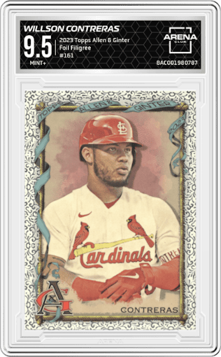 Willson Contreras from the 2023 Topps Allen & Ginter set featuring a Foil Filigree parallel graded by Arena Club and given an overall grade of 9.5.