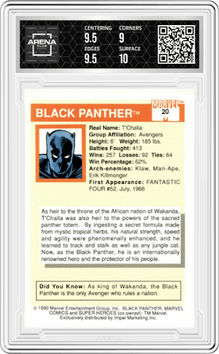 Black Panther from the 1990 Impel Marvel Universe  set graded by Arena Club and given an overall grade of 9.5.
