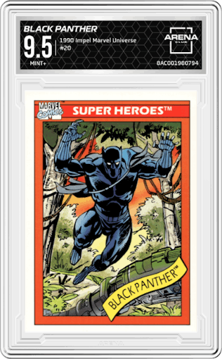 Black Panther from the 1990 Impel Marvel Universe  set graded by Arena Club and given an overall grade of 9.5.