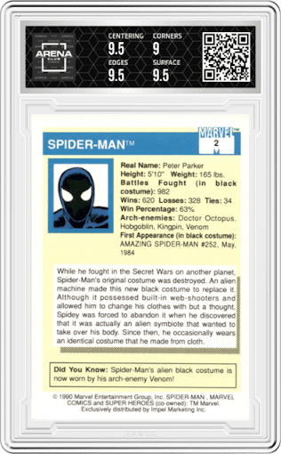 Spider-Man from the 1990 Impel Marvel Universe  set graded by Arena Club and given an overall grade of 9.5.
