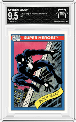 Spider-Man from the 1990 Impel Marvel Universe  set graded by Arena Club and given an overall grade of 9.5.