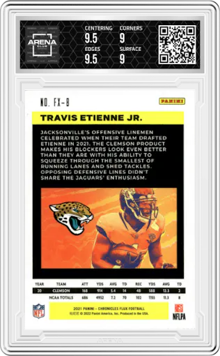 Travis Etienne Jr. from the 2021 Panini Chronicles set graded by Arena Club and given an overall grade of 9.5.