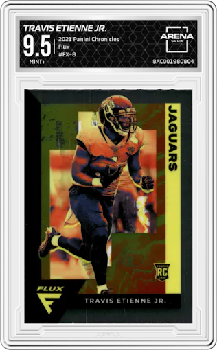 Travis Etienne Jr. from the 2021 Panini Chronicles set graded by Arena Club and given an overall grade of 9.5.