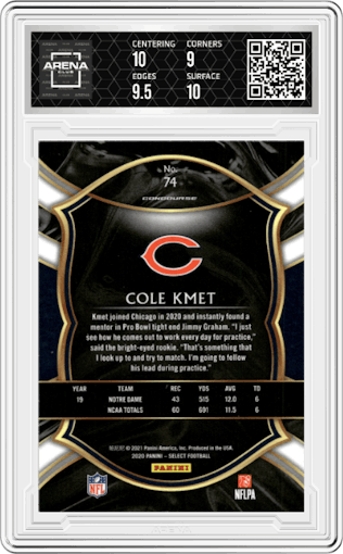 Cole Kmet from the 2020 Panini Select set graded by Arena Club and given an overall grade of 9.5.