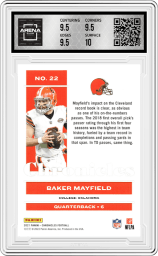 Baker Mayfield from the 2021 Panini Chronicles set graded by Arena Club and given an overall grade of 10.