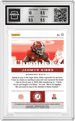 Jahmyr Gibbs from the 2023 Panini Chronicles Draft Picks set graded by Arena Club and given an overall grade of 10.