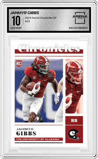 Jahmyr Gibbs from the 2023 Panini Chronicles Draft Picks set graded by Arena Club and given an overall grade of 10.
