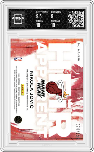 Nikola Jovic from the 2022-23 Panini Court Kings set graded by Arena Club and given an overall grade of 9.5.