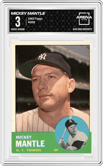 Mickey Mantle from the 1963 Topps set graded by Arena Club and given an overall grade of 3.
