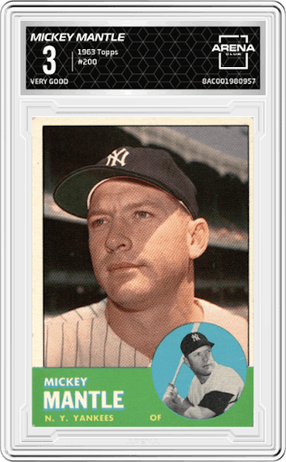 Mickey Mantle from the 1963 Topps set graded by Arena Club and given an overall grade of 3.