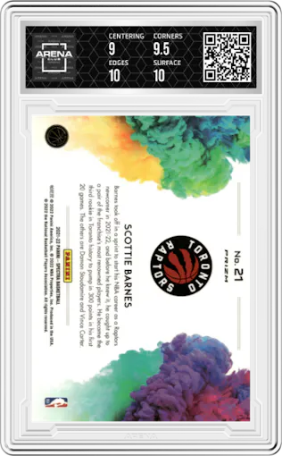 Scottie Barnes from the 2021-22 Panini Spectra set graded by Arena Club and given an overall grade of 9.5.