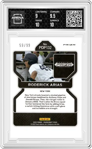 Roderick Arias from the 2022 Panini Prizm Draft Picks set featuring a Tiger Stripes parallel graded by Arena Club and given an overall grade of 9.5.