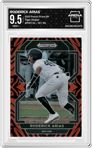Roderick Arias from the 2022 Panini Prizm Draft Picks set featuring a Tiger Stripes parallel graded by Arena Club and given an overall grade of 9.5.