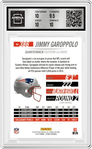 Jimmy Garoppolo from the 2014 Panini Score set graded by Arena Club and given an overall grade of 10.