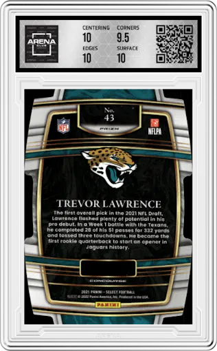Trevor Lawrence from the 2021 Panini Select set featuring a Die-Cut Red/Yellow parallel graded by Arena Club and given an overall grade of 10.