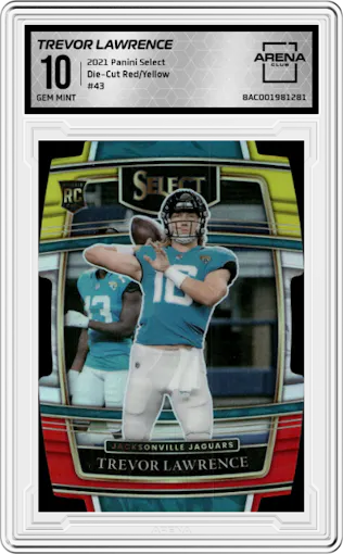 Trevor Lawrence from the 2021 Panini Select set featuring a Die-Cut Red/Yellow parallel graded by Arena Club and given an overall grade of 10.