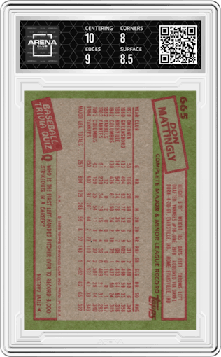 Don Mattingly from the 1985 Topps set graded by Arena Club and given an overall grade of 8.5.