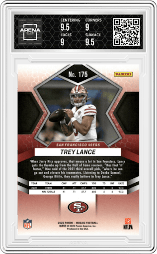 Trey Lance from the 2022 Panini Mosaic set graded by Arena Club and given an overall grade of 9.5.