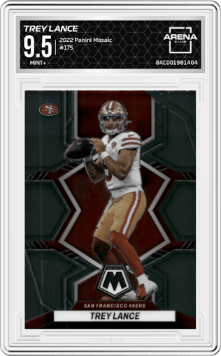 Trey Lance from the 2022 Panini Mosaic set graded by Arena Club and given an overall grade of 9.5.