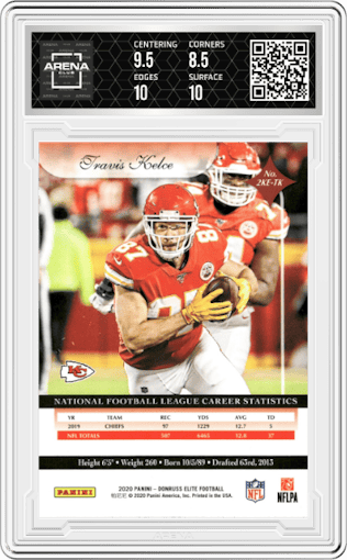 Travis Kelce from the 2020 Panini Donruss Elite set graded by Arena Club and given an overall grade of 9.