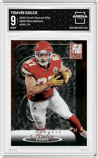 Travis Kelce from the 2020 Panini Donruss Elite set graded by Arena Club and given an overall grade of 9.