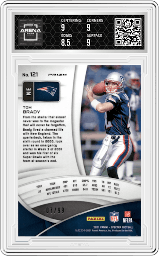 Tom Brady from the 2021 Panini Spectra set featuring a Celestial parallel graded by Arena Club and given an overall grade of 9.