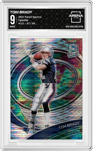 Tom Brady from the 2021 Panini Spectra set featuring a Celestial parallel graded by Arena Club and given an overall grade of 9.