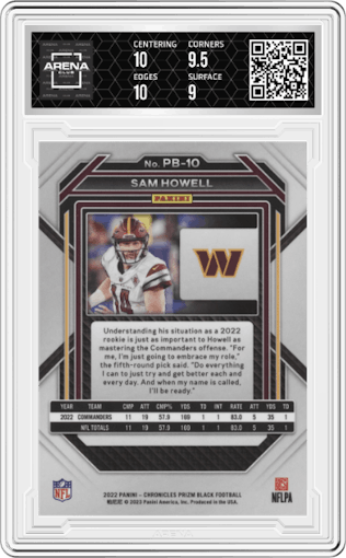 Sam Howell from the 2022 Panini Chronicles set graded by Arena Club and given an overall grade of 9.5.