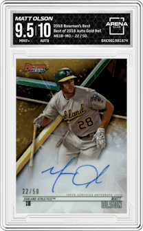 Matt Olson from the 2018 Bowman’s Best set featuring a Gold Refractor  parallel graded by Arena Club and given an overall grade of 9.5.