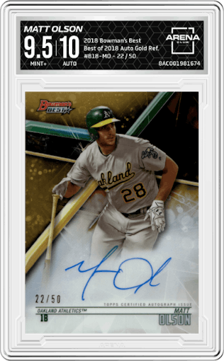 Matt Olson from the 2018 Bowman’s Best set featuring a Gold Refractor  parallel graded by Arena Club and given an overall grade of 9.5.