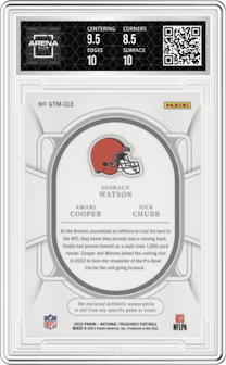 Deshaun Watson/Amari Cooper/Nick Chubb from the 2022 Panini National Treasures set graded by Arena Club and given an overall grade of 9.