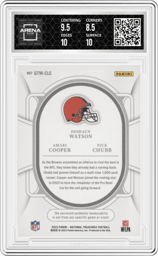 Deshaun Watson/Amari Cooper/Nick Chubb from the 2022 Panini National Treasures set graded by Arena Club and given an overall grade of 9.