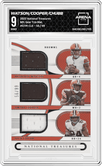 Deshaun Watson/Amari Cooper/Nick Chubb from the 2022 Panini National Treasures set graded by Arena Club and given an overall grade of 9.