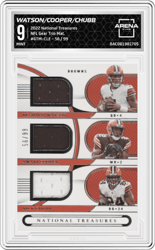 Deshaun Watson/Amari Cooper/Nick Chubb from the 2022 Panini National Treasures set graded by Arena Club and given an overall grade of 9.
