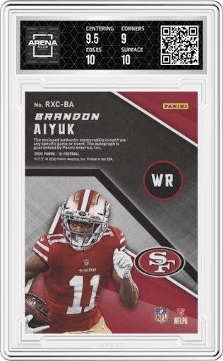 Brandon Aiyuk from the 2020 Panini XR set graded by Arena Club and given an overall grade of 9.5.