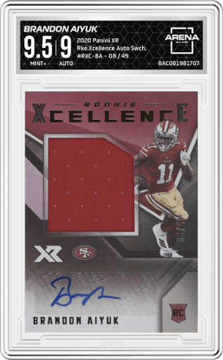 Brandon Aiyuk from the 2020 Panini XR set graded by Arena Club and given an overall grade of 9.5.