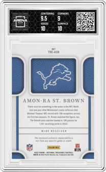 Amon-Ra St. Brown from the 2022 Panini National Treasures set graded by Arena Club and given an overall grade of 9.5.