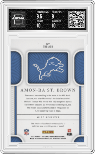 Amon-Ra St. Brown from the 2022 Panini National Treasures set graded by Arena Club and given an overall grade of 9.5.