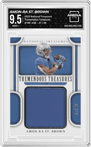 Amon-Ra St. Brown from the 2022 Panini National Treasures set graded by Arena Club and given an overall grade of 9.5.