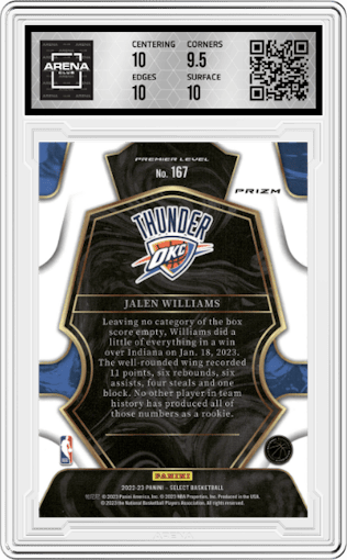 Jalen Williams from the 2022-23 Panini Select set featuring a Red Cracked Ice parallel graded by Arena Club and given an overall grade of 10.