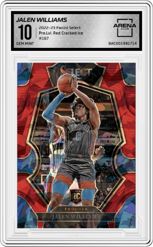 Jalen Williams from the 2022-23 Panini Select set featuring a Red Cracked Ice parallel graded by Arena Club and given an overall grade of 10.