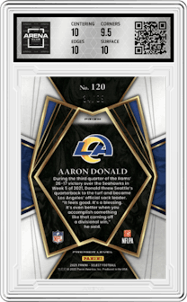 Aaron Donald from the 2021 Panini Select set featuring a Dragon Scale parallel graded by Arena Club and given an overall grade of 10.