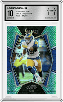 Aaron Donald from the 2021 Panini Select set featuring a Dragon Scale parallel graded by Arena Club and given an overall grade of 10.