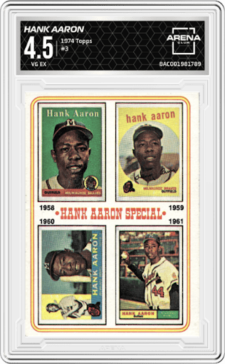 Hank Aaron from the 1974 Topps set graded by Arena Club and given an overall grade of 4.5.