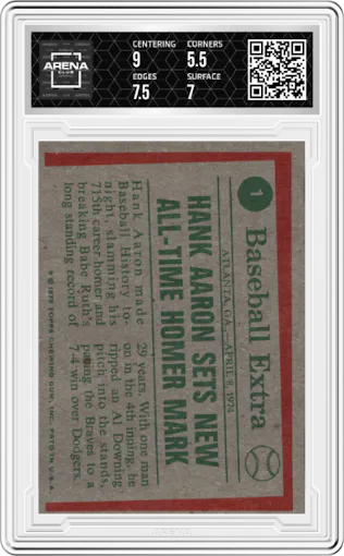 Hank Aaron from the 1975 Topps set graded by Arena Club and given an overall grade of 6.